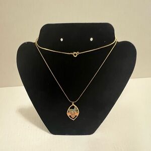 Red and Green Hibiscus Cloisonne Gold Tone Necklace